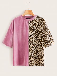 Контрастная бархатая футболка с леопардовым принтом