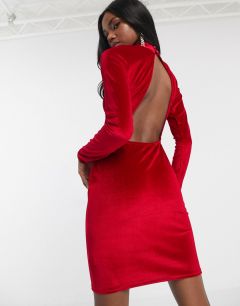 Красное бархатное платье с высоким воротником и открытой спиной Missguided-Черный