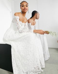 Кружевное свадебное платье с открытыми плечами и длинными рукавами ASOS EDITION Hazel-Белый