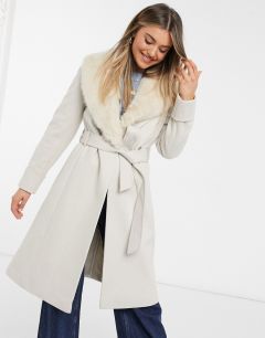 Классическое пальто кремового цвета с отделкой из искусственного меха Miss Selfridge-Кремовый