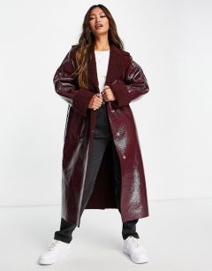 Бордовое длинное виниловое пальто с искусственным мехом Topshop-Красный