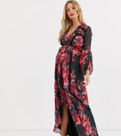 Платье макси с запахом спереди, кружевными вставками, пышными рукавами на манжете и цветочным принтом Hope & Ivy Maternity-Мульти