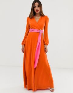 Оранжевое платье макси с запахом и контрастным поясом TFNC-Оранжевый