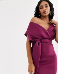 Фиолетовое платье-футляр миди со спущенным плечом и завязкой ASOS DESIGN-Розовый