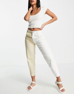Комбинированные двухцветные джинсы свободного кроя из белого и бежевого материала Bershka-Многоцветный