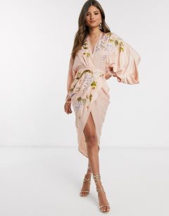 Платье миди с цветочной вышивкой и рукавами-кимоно ASOS DESIGN-Розовый
