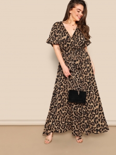 Размер плюс леопардовое платье с оригинальным рукавом