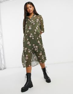 Шифоновое платье-рубашка миди цвета хаки с цветочным принтом New Look-Зеленый