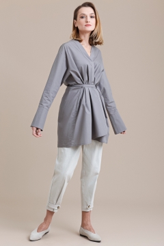 Блузка-кимоно Черешня из тёмно-серого хлопка с высоким манжетом (40-46)