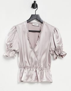 Блузка с запахом, объемными рукавами и оборками цвета металлического серебра Flounce-Черный