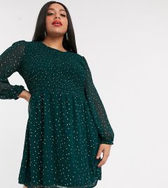 Темно-зеленое короткое приталенное платье из шифона в золотистый горошек Simply Be-Зеленый