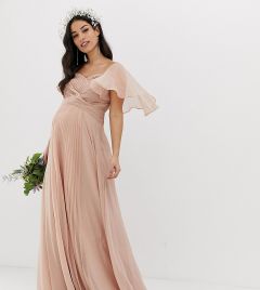 Платье макси с плиссировкой на лифе и расклешенными рукавами ASOS DESIGN-Розовый