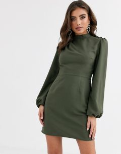 Платье мини хаки с длинными рукавами и высоким воротником ASOS DESIGN-Зеленый цвет