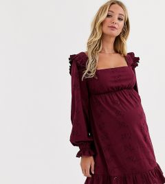 Бордовое платье мини с вышивкой и оборками на плечах ASOS DESIGN Maternity-Красный