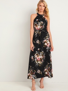 Платье-халтер с цветочным принтом и поясом