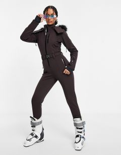 Приталенный лыжный комбинезон с отделкой искусственным мехом на капюшоне и поясом ASOS 4505 ski-Коричневый цвет
