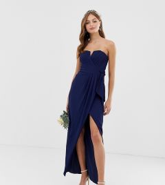 Эксклюзивное темно-синее платье-бандо мидакси с плиссировкой и запахом TFNC bridesmaid-Темно-синий