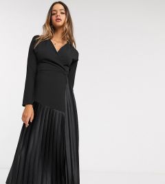 Черное асимметричное платье миди с длинными рукавами, запахом и плиссированной юбкой ASOS DESIGN Tall-Черный