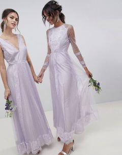 Платье макси из сетки добби и кружева с длинными рукавами ASOS DESIGN-Фиолетовый
