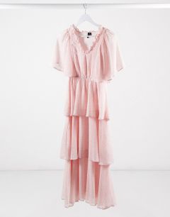 Розовое шифоновое ярусное​​​​​​​ платье макси в горошек Vero Moda-Мульти