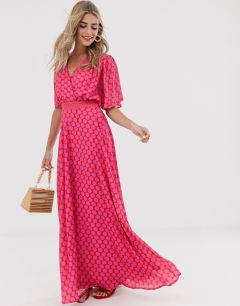 Розово-красное платье макси в горошек со сборками в области талии Twisted Wunder-Розовый