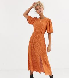 Платье цвета ржавчины в горошек с пышными рукавами и разрезом New Look-Коричневый