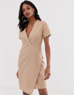 Льняное платье с короткими рукавами и запахом Unique21-Серый