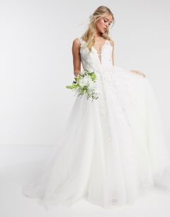 Свадебное платье с глубоким вырезом и цветочной отделкой ASOS EDITION-Белый