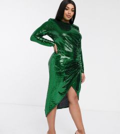 Зеленое облегающее платье макси со сборками и пайетками John Zack Plus-Зеленый