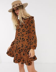 Светло-коричневое платье мини с цветочным принтом и оборками Topshop-Коричневый