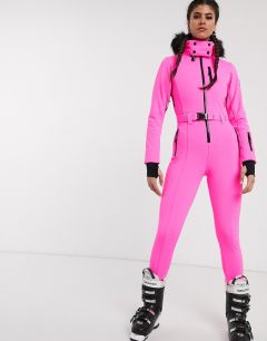 Приталенный лыжный комбинезон с отделкой искусственным мехом на капюшоне и поясом ASOS 4505 ski-Розовый