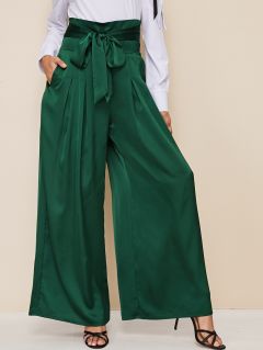 Атласные брюки палаццо с широкой талией и карманом