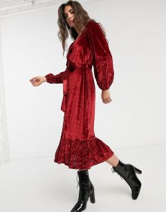 Бархатное платье миди с запахом и вышивкой ASOS DESIGN-Красный