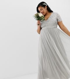 Серебристое платье макси из тюля с V-образным вырезом Maya Plus Bridesmaid-Серый