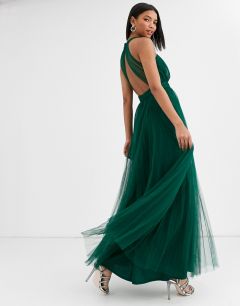 Темно-зеленое платье макси из тюля с лямкой на шее ASOS DESIGN-Мульти