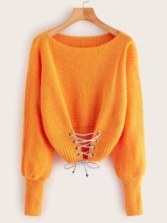 Неоновый оранжевый свитер на шнуровке