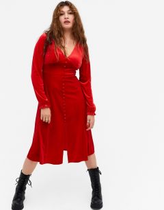 Красное бархатное платье миди с длинными рукавами Monki Louisa-Красный