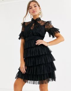 Черное ярусное платье мини из кружева By Malina-Черный