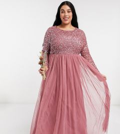 Розовое платье макси с пайетками, длинными рукавами и фатиновой юбкой Maya Plus-Розовый