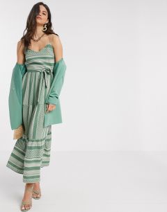 Зеленое ярусное платье макси с кремовым принтом Vero Moda-Бежевый