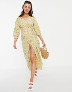 Желтое платье с запахом, объемными рукавами длиной 3/4 и цветочным принтом Vila-Многоцветный