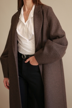 Пальто ЧЕРЕШНЯ коричневый меланж из шерсти с пышным рукавом (40-46)