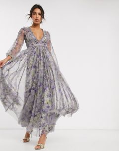 Фиолетовое платье макси с контрастным поясом и цветочным принтом Needle & Thread-Мульти