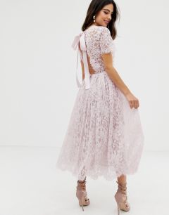 Кружевное платье миди с ленточной завязкой и открытой спиной ASOS DESIGN-Розовый