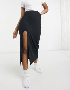 Черная юбка миди в рубчик с разрезом до бедра ASOS DESIGN-Черный цвет
