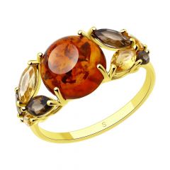 Кольцо SOKOLOV из желтого золота с янтарем и миксом камней