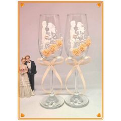 Свадебные бокалы с розочками в персиковом цвете 23 см/фужеры для шампанского/ бокалы свадебные/свадьба/бокалы молодоженов/свадьба/свадебные аксессуары