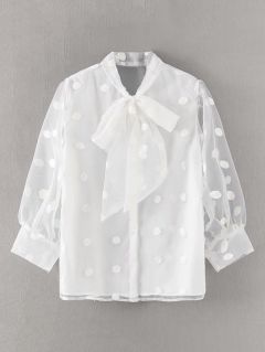 Однотонная прозрачная блуза с воротником-бантом