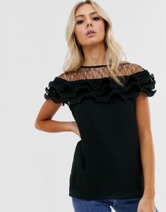 Черная плиссированная блузка с кружевной отделкой New Look-Черный