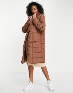 Стеганое удлиненное пальто коричневого цвета с воротником с отделкой искусственным мехом JDY-Коричневый цвет
